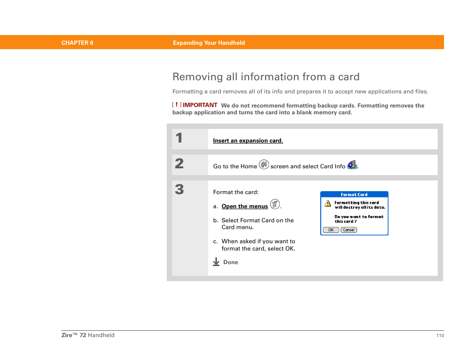 Removing all information from a card | Palm Zire 72 User Manual | Page 132 / 706