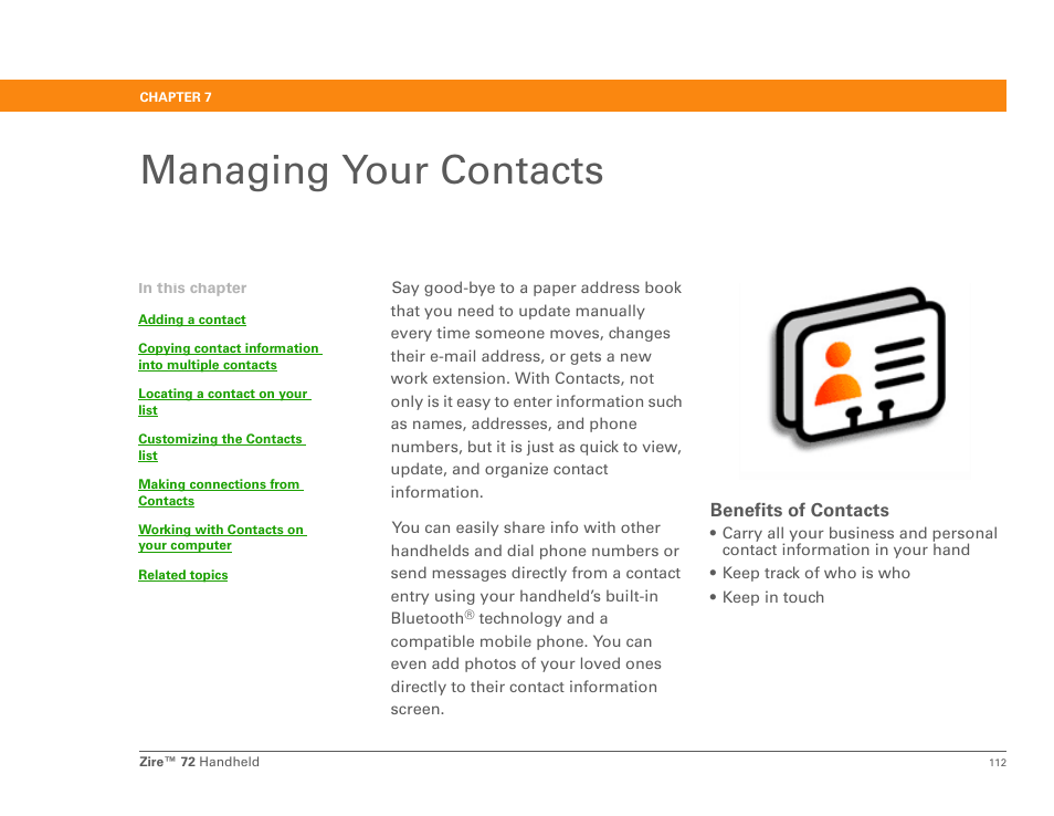 Managing your contacts, Chapter 7: managing your contacts | Palm Zire 72 User Manual | Page 134 / 706