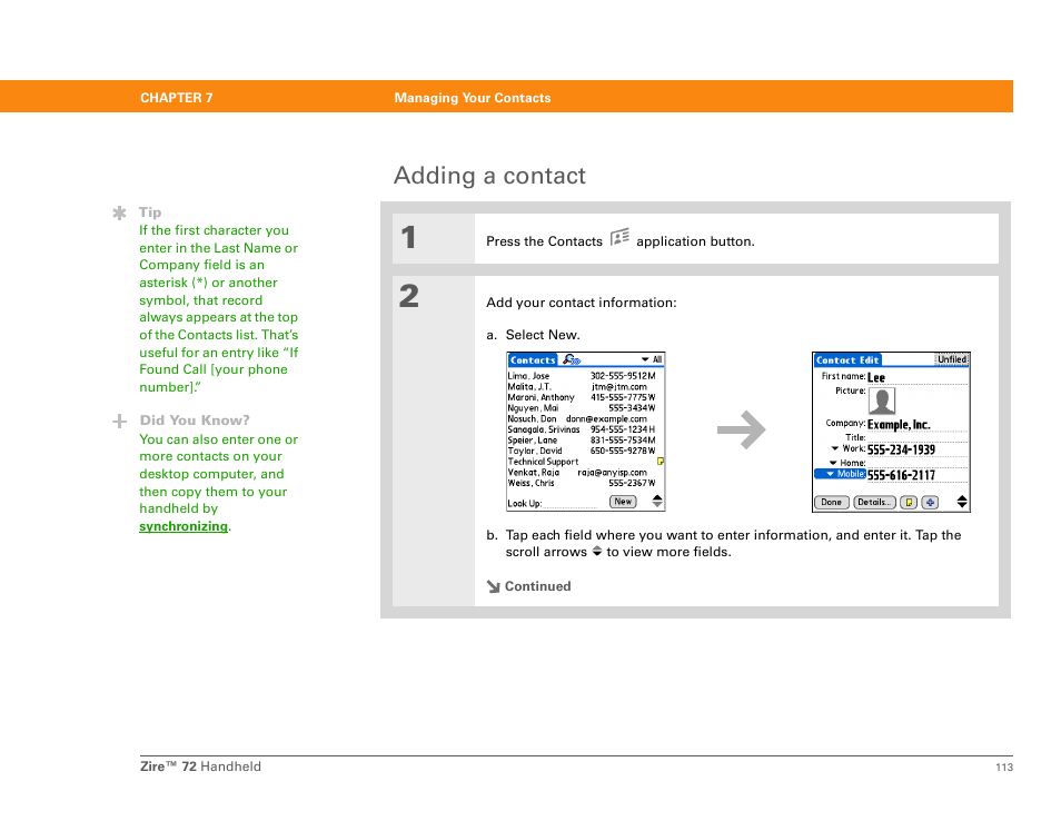 Adding a contact | Palm Zire 72 User Manual | Page 135 / 706
