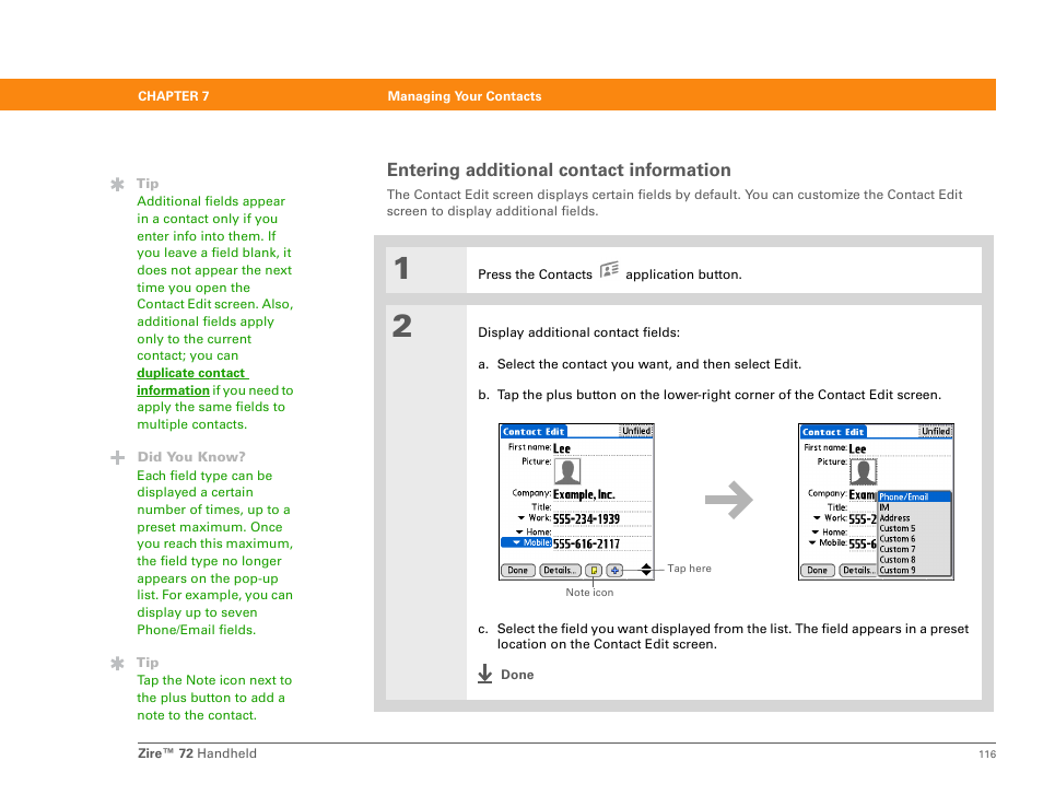 Entering additional contact information | Palm Zire 72 User Manual | Page 138 / 706