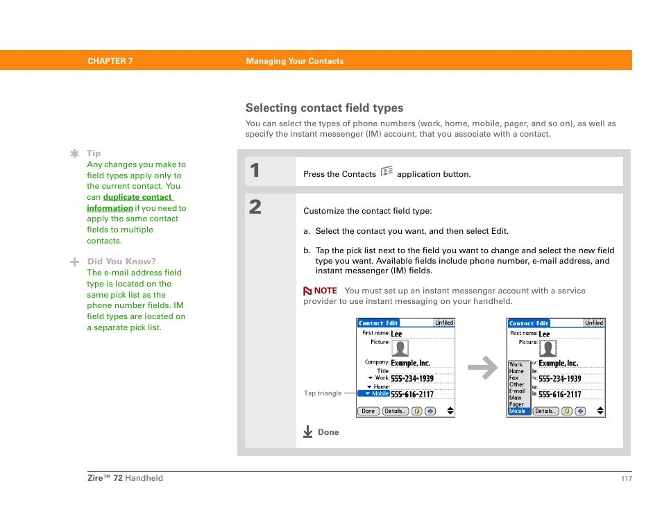 Selecting contact field types | Palm Zire 72 User Manual | Page 139 / 706