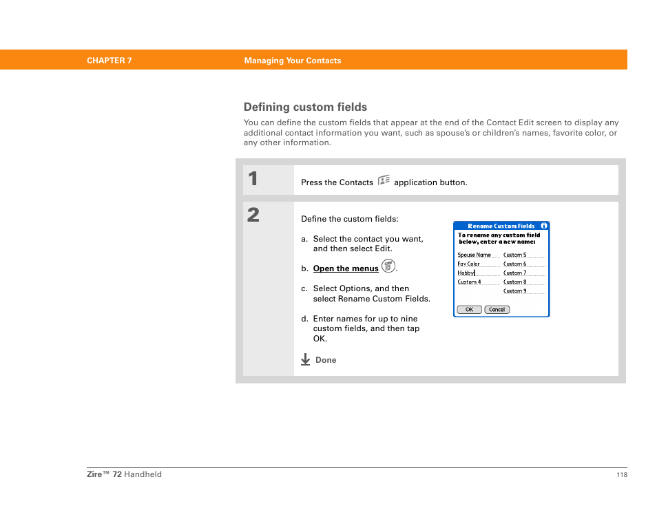 Defining custom fields | Palm Zire 72 User Manual | Page 140 / 706