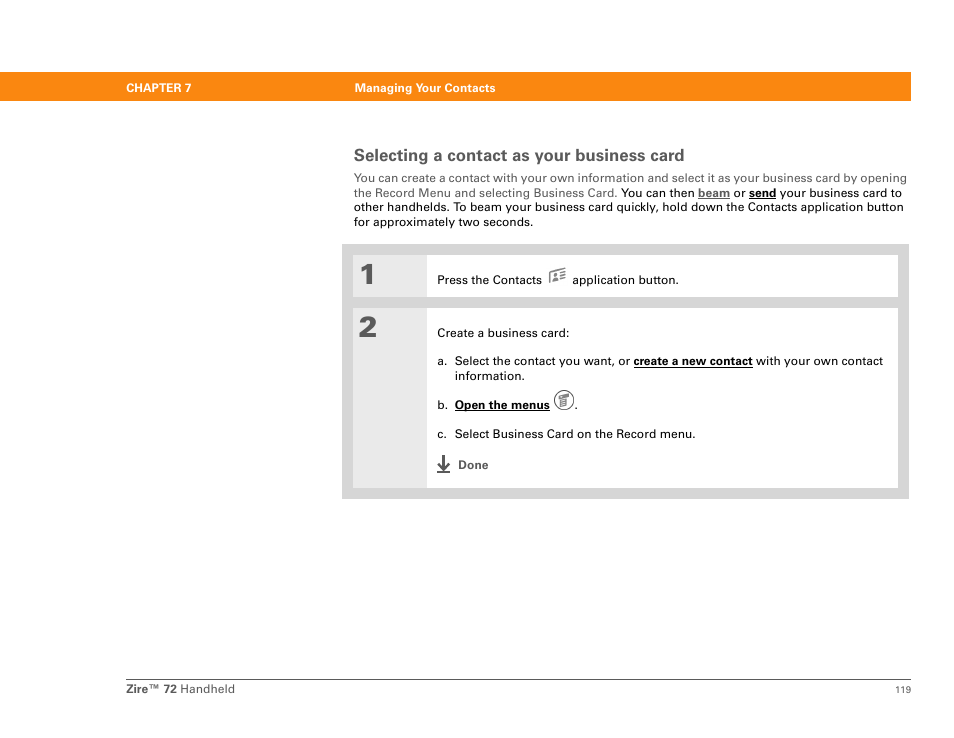 Selecting a contact as your business card | Palm Zire 72 User Manual | Page 141 / 706