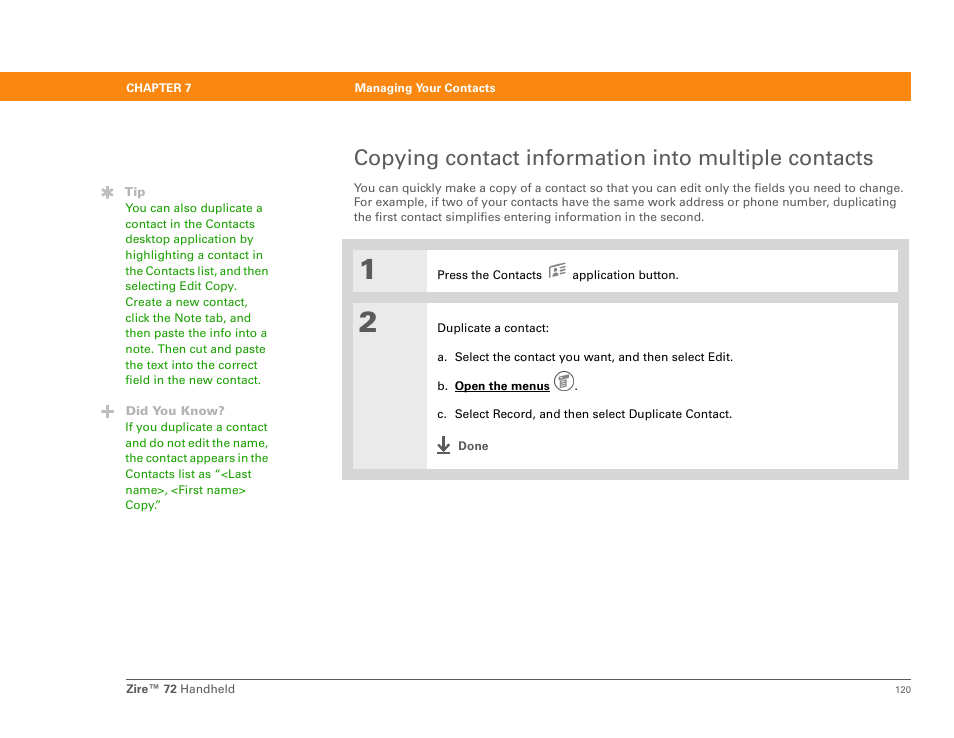 Copying contact information into multiple contacts | Palm Zire 72 User Manual | Page 142 / 706