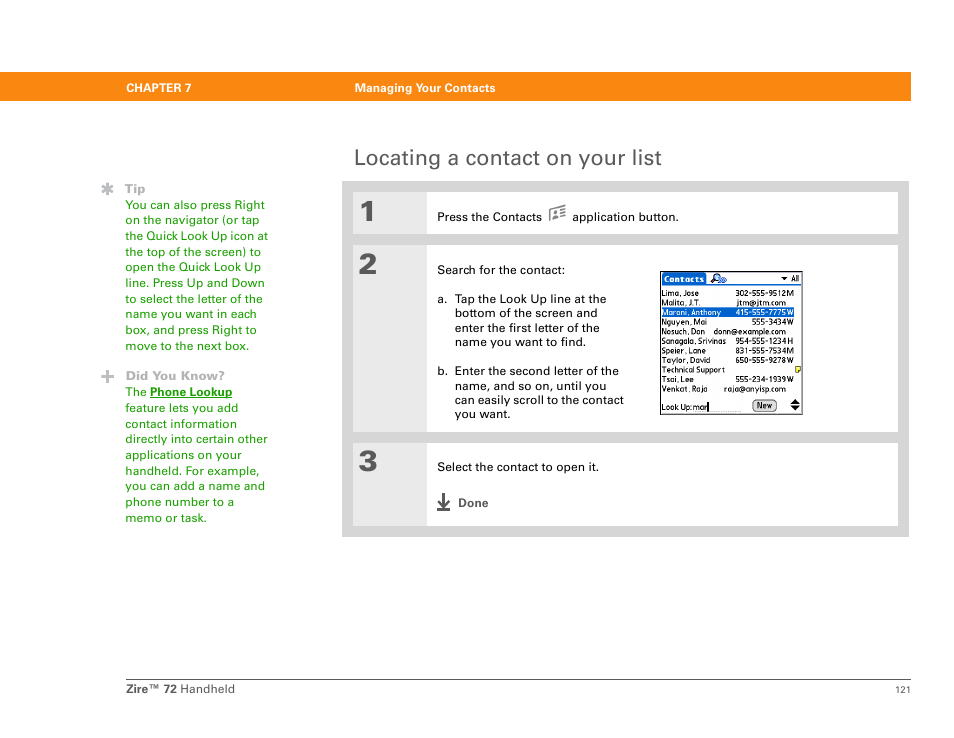 Locating a contact on your list | Palm Zire 72 User Manual | Page 143 / 706