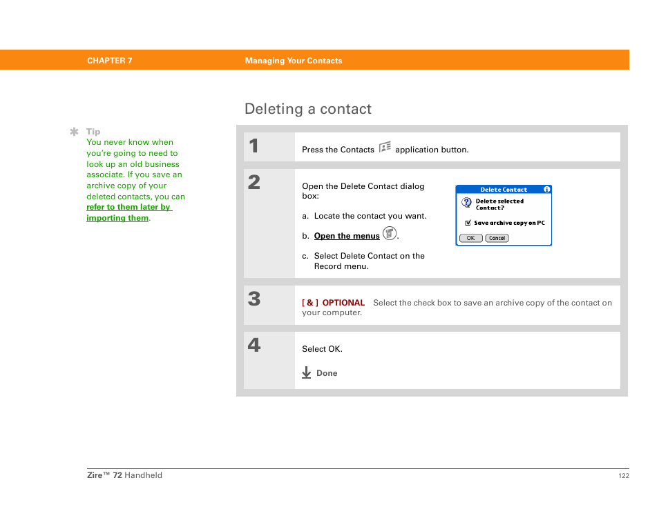 Deleting a contact | Palm Zire 72 User Manual | Page 144 / 706