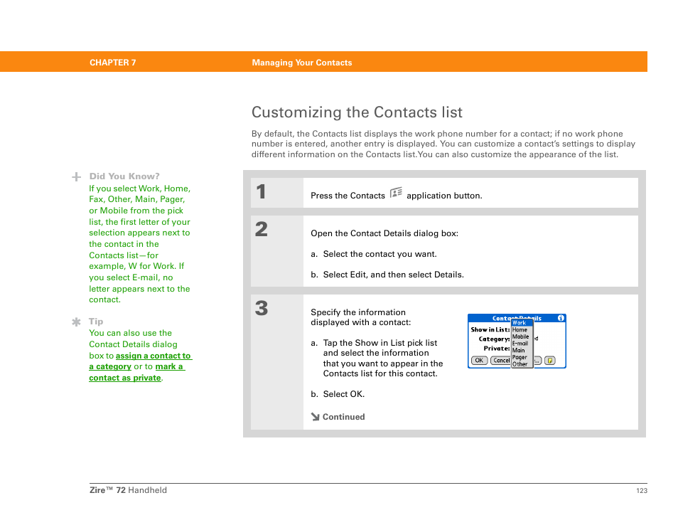 Customizing the contacts list | Palm Zire 72 User Manual | Page 145 / 706