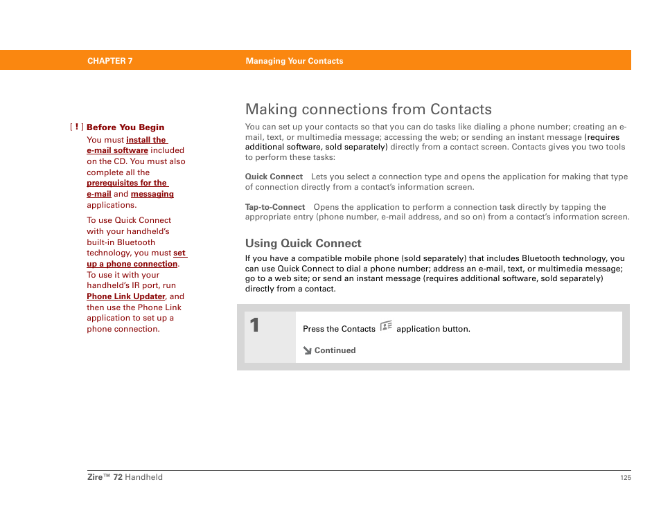 Making connections from contacts, Using quick connect | Palm Zire 72 User Manual | Page 147 / 706