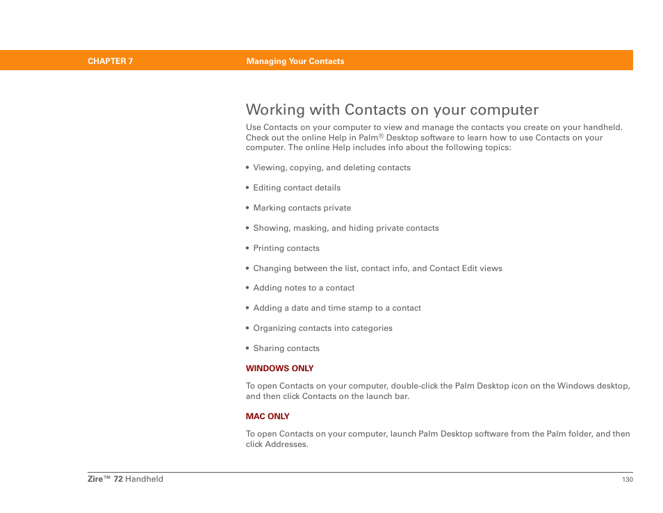 Working with contacts on your computer | Palm Zire 72 User Manual | Page 152 / 706