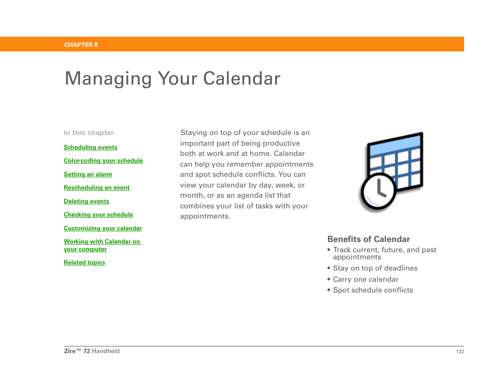 Managing your calendar, Chapter 8: managing your calendar | Palm Zire 72 User Manual | Page 154 / 706
