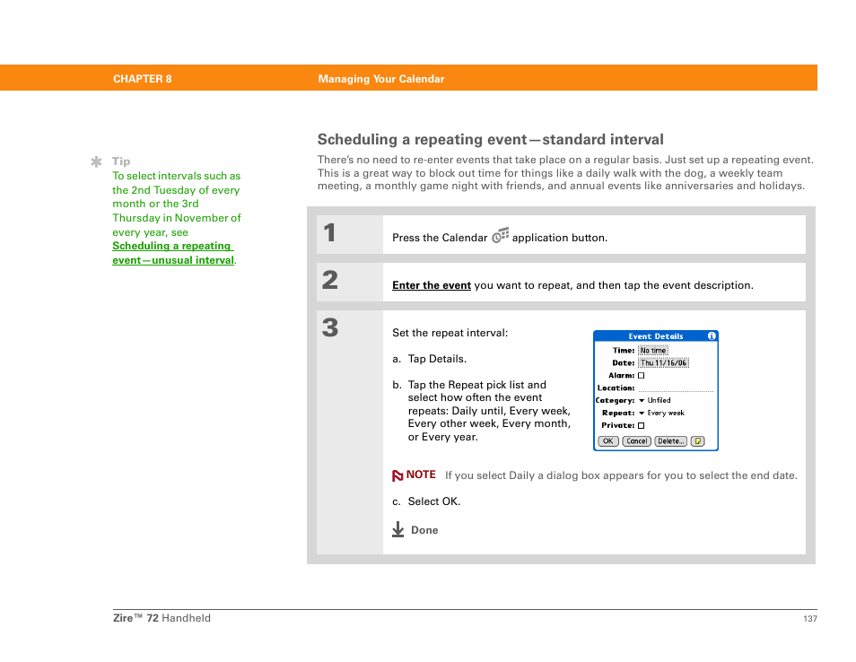 Scheduling a repeating event-standard interval, Scheduling a repeating event—standard interval | Palm Zire 72 User Manual | Page 159 / 706