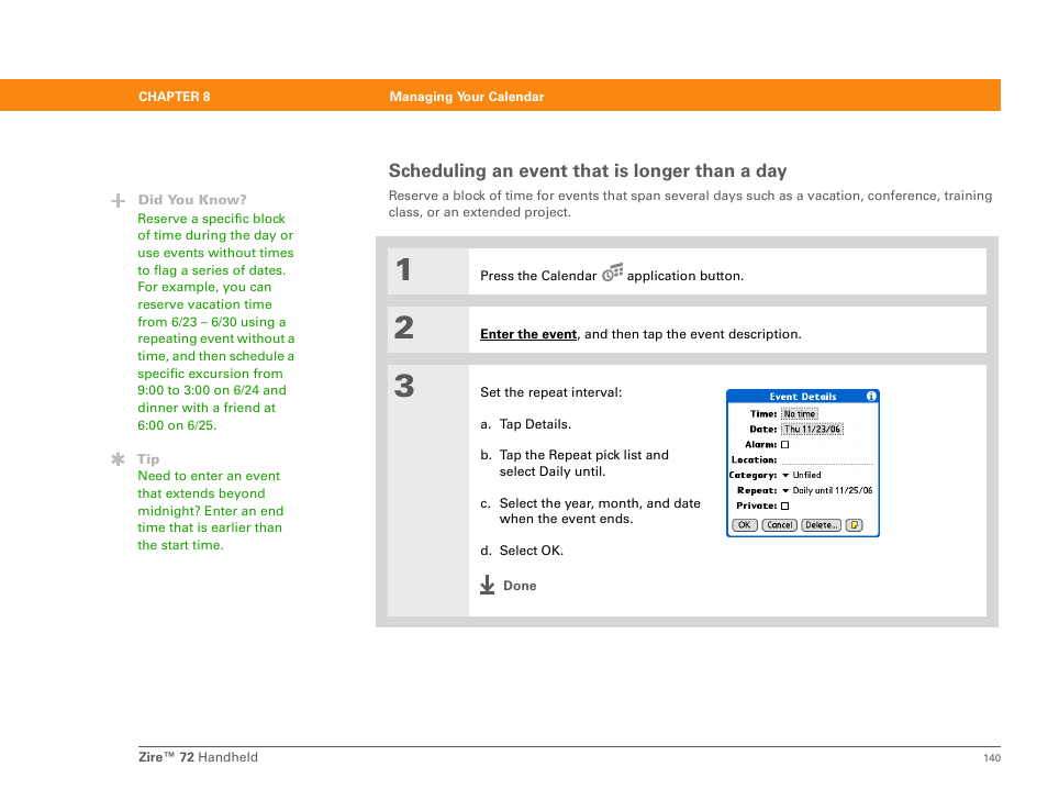 Scheduling an event that is longer than a day | Palm Zire 72 User Manual | Page 162 / 706