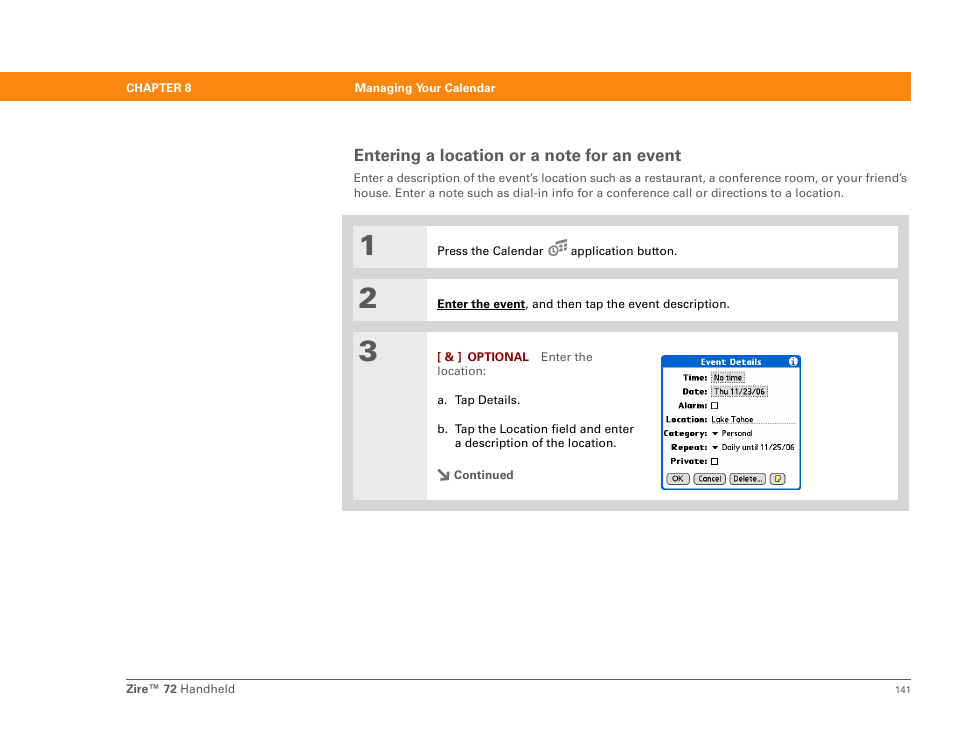Entering a location or a note for an event | Palm Zire 72 User Manual | Page 163 / 706
