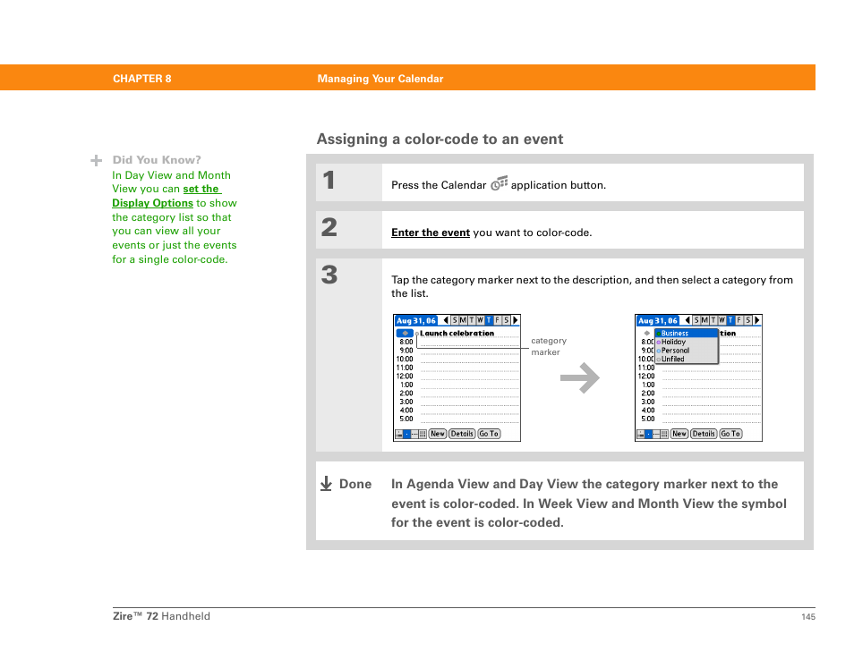 Assigning a color-code to an event | Palm Zire 72 User Manual | Page 167 / 706