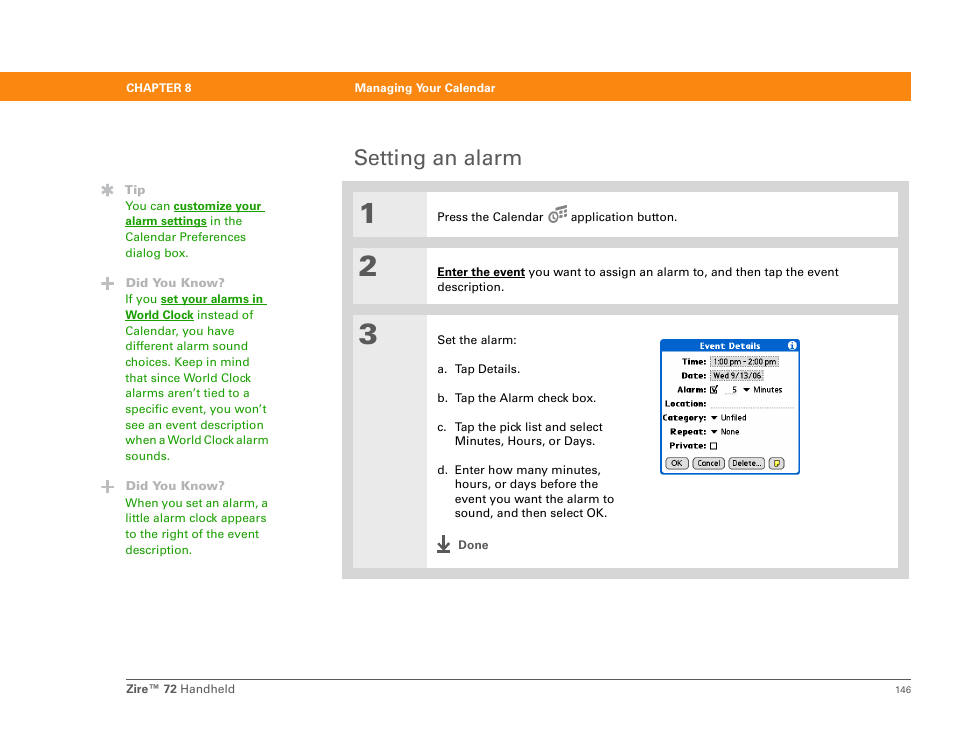 Setting an alarm | Palm Zire 72 User Manual | Page 168 / 706