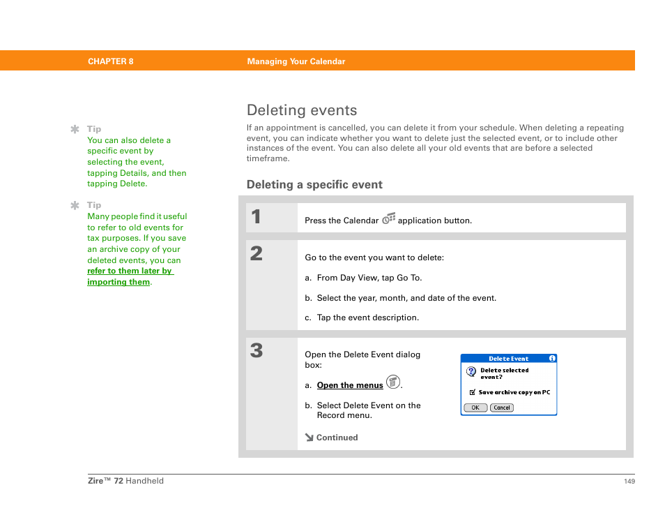 Deleting events, Deleting a specific event | Palm Zire 72 User Manual | Page 171 / 706