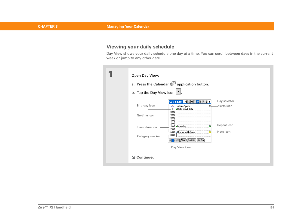 Viewing your daily schedule | Palm Zire 72 User Manual | Page 176 / 706