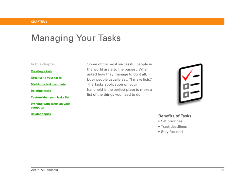 Managing your tasks, Chapter 9: managing your tasks | Palm Zire 72 User Manual | Page 189 / 706