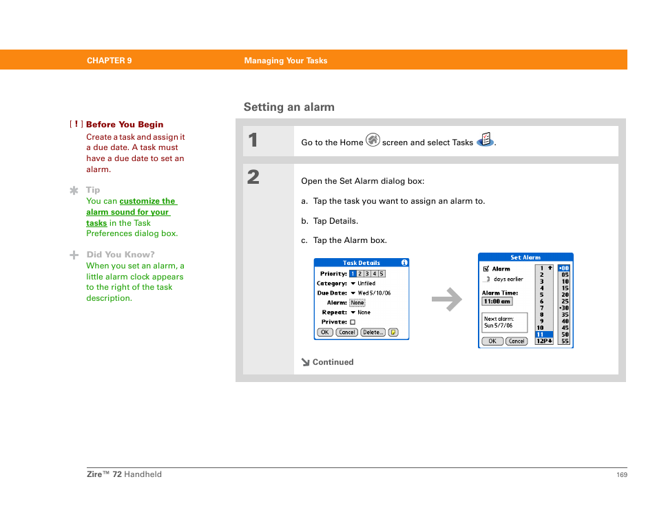 Setting an alarm | Palm Zire 72 User Manual | Page 191 / 706