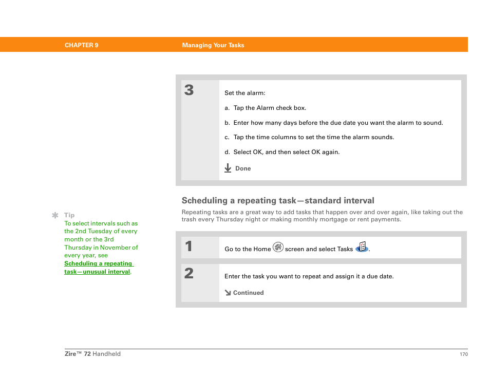 Scheduling a repeating task-standard interval, Scheduling a repeating task—standard interval | Palm Zire 72 User Manual | Page 192 / 706