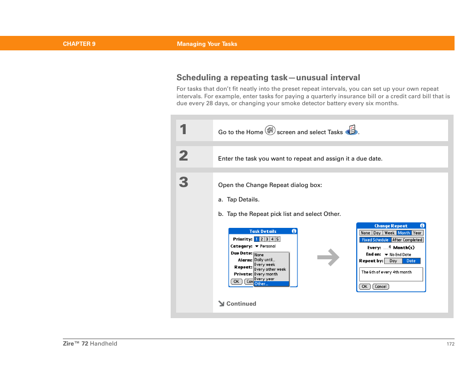 Scheduling a repeating task-unusual interval, Scheduling a repeating task—unusual interval | Palm Zire 72 User Manual | Page 194 / 706