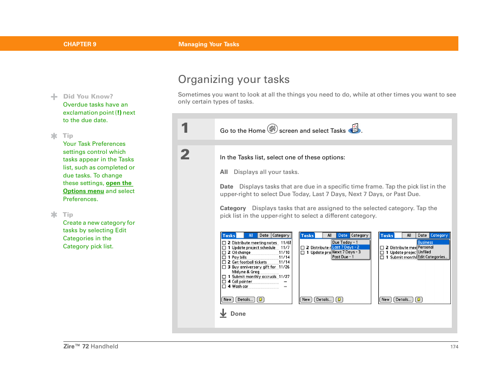 Organizing your tasks | Palm Zire 72 User Manual | Page 196 / 706
