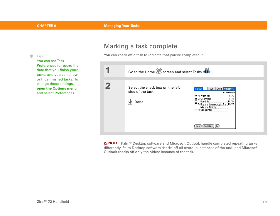 Marking a task complete | Palm Zire 72 User Manual | Page 197 / 706