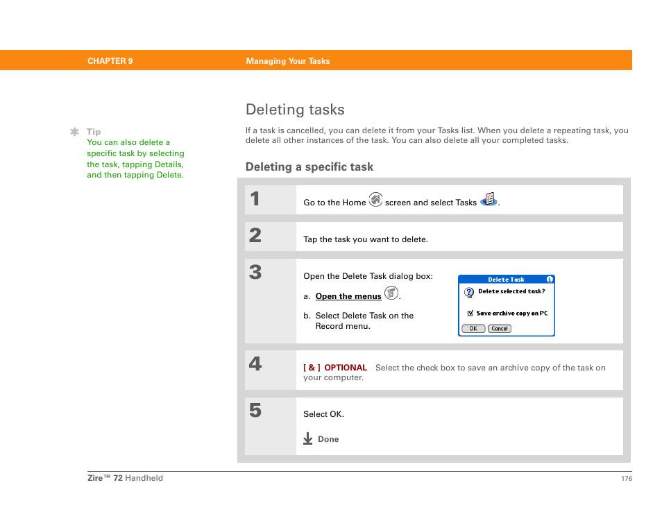 Deleting tasks, Deleting a specific task | Palm Zire 72 User Manual | Page 198 / 706