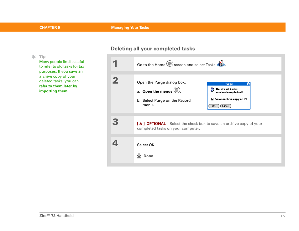 Deleting all your completed tasks | Palm Zire 72 User Manual | Page 199 / 706