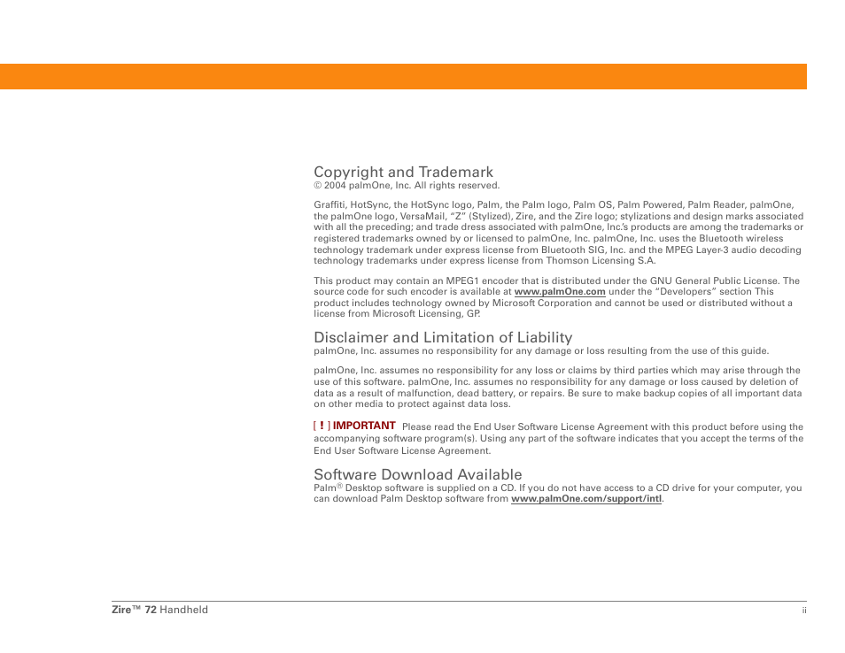 Copyright and trademark, Disclaimer and limitation of liability, Software download available | Palm Zire 72 User Manual | Page 2 / 706