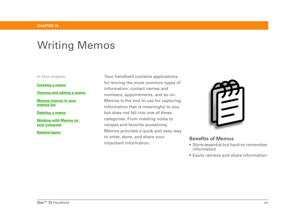 Writing memos, Chapter 10: writing memos | Palm Zire 72 User Manual | Page 204 / 706