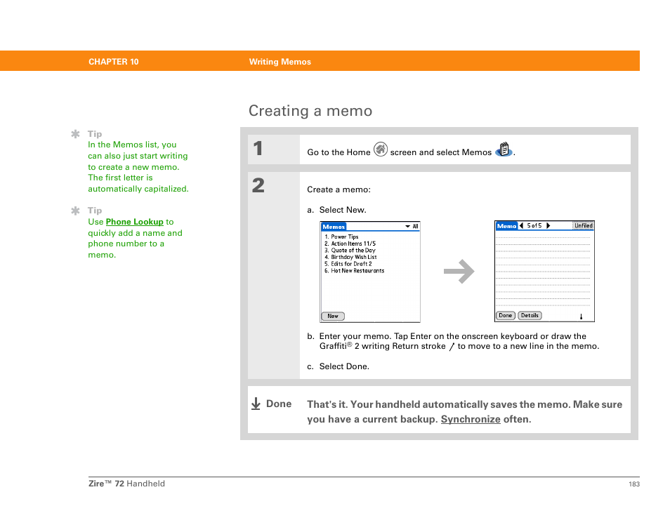 Creating a memo | Palm Zire 72 User Manual | Page 205 / 706