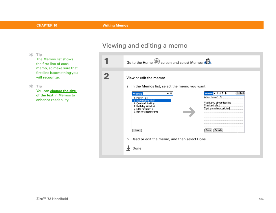 Viewing and editing a memo | Palm Zire 72 User Manual | Page 206 / 706