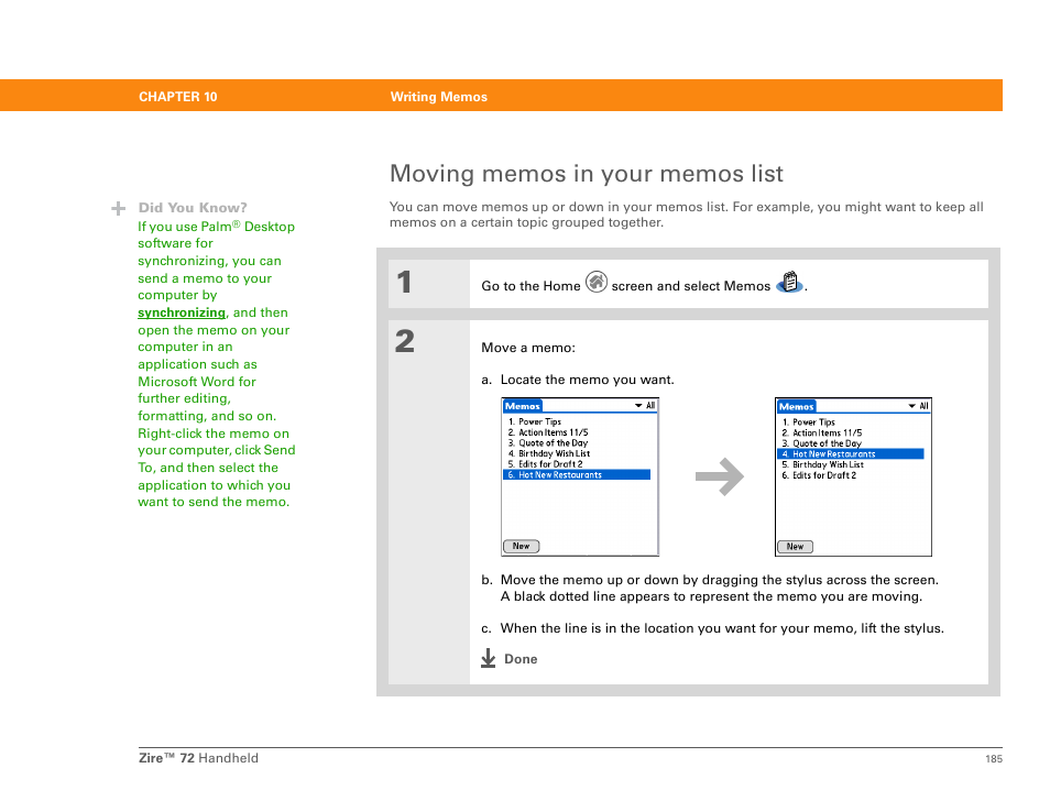 Moving memos in your memos list | Palm Zire 72 User Manual | Page 207 / 706