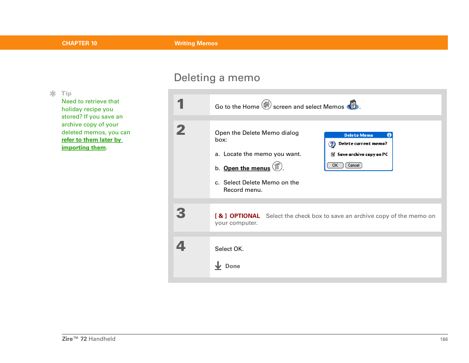 Deleting a memo | Palm Zire 72 User Manual | Page 208 / 706