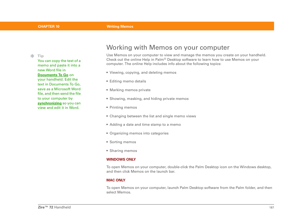 Working with memos on your computer | Palm Zire 72 User Manual | Page 209 / 706