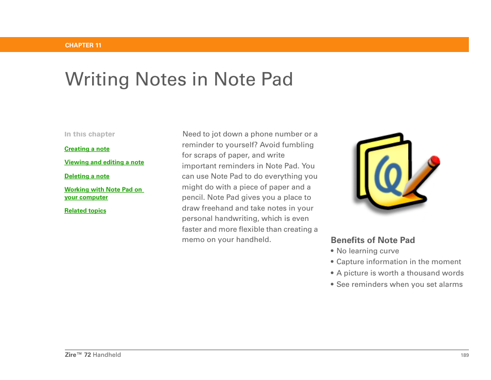 Writing notes in note pad, Chapter 11: writing notes in note pad, Note pad | Palm Zire 72 User Manual | Page 211 / 706