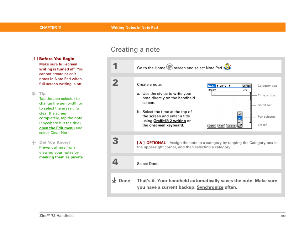Creating a note | Palm Zire 72 User Manual | Page 212 / 706