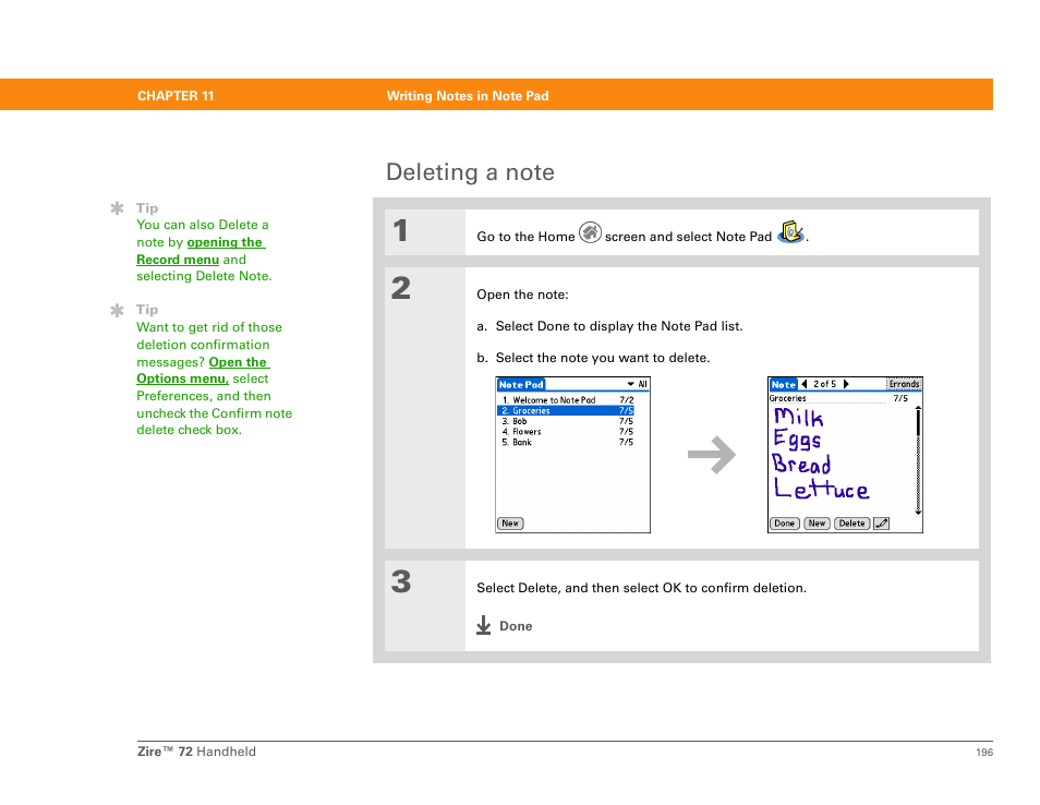 Deleting a note | Palm Zire 72 User Manual | Page 218 / 706