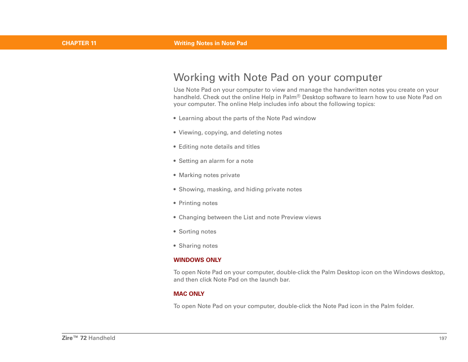 Working with note pad on your computer | Palm Zire 72 User Manual | Page 219 / 706