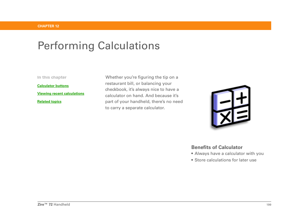 Performing calculations, Chapter 12: performing calculations | Palm Zire 72 User Manual | Page 221 / 706