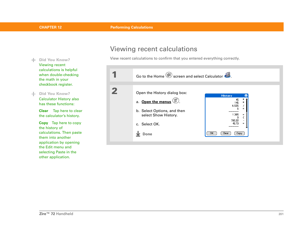 Viewing recent calculations | Palm Zire 72 User Manual | Page 223 / 706