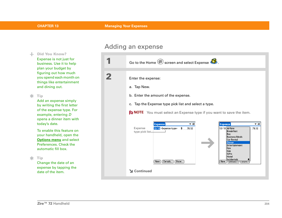 Adding an expense | Palm Zire 72 User Manual | Page 226 / 706