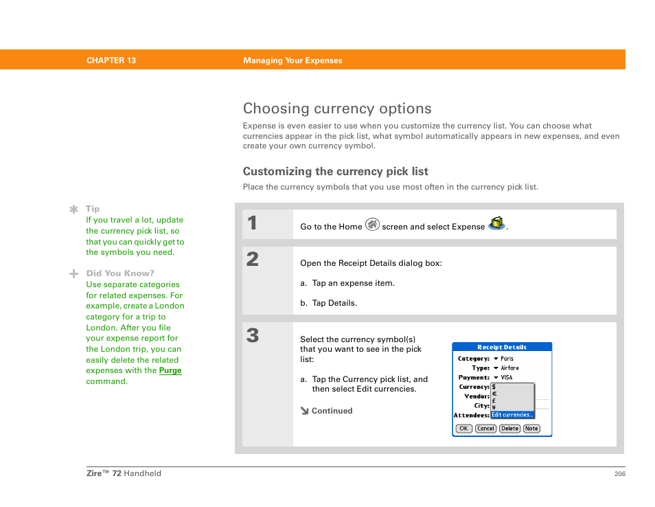 Choosing currency options, Customizing the currency pick list | Palm Zire 72 User Manual | Page 228 / 706