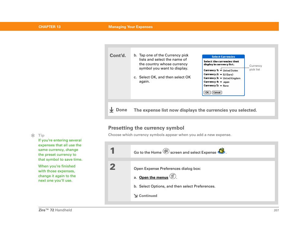 Presetting the currency symbol, Preset this, Symbol | Palm Zire 72 User Manual | Page 229 / 706