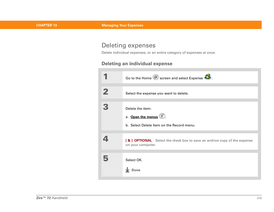 Deleting expenses, Deleting an individual expense | Palm Zire 72 User Manual | Page 232 / 706