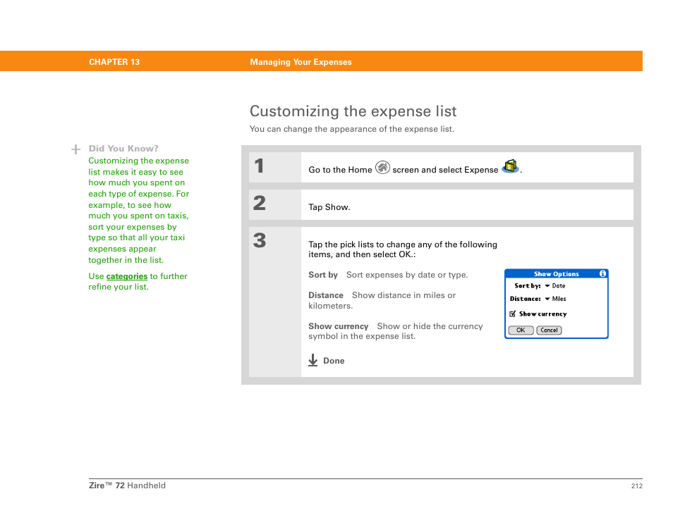 Customizing the expense list | Palm Zire 72 User Manual | Page 234 / 706