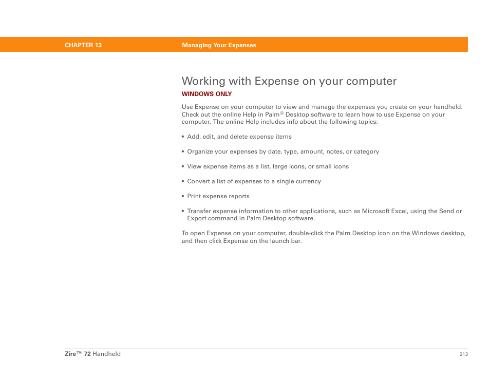 Working with expense on your computer, N send your expense information to a spreadsheet | Palm Zire 72 User Manual | Page 235 / 706