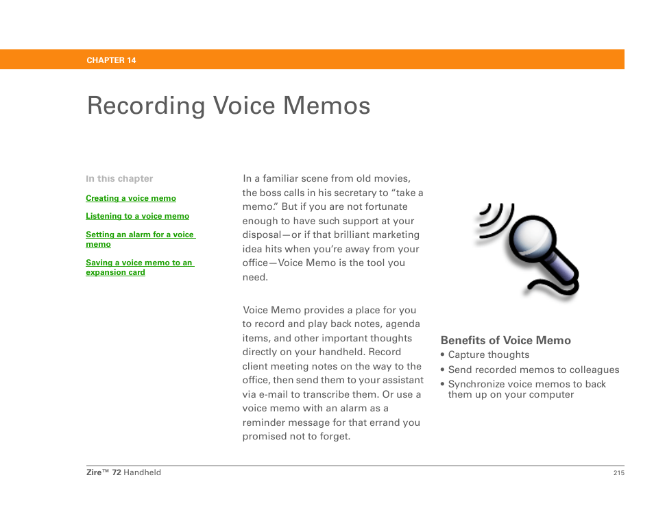 Recording voice memos, Chapter 14: recording voice memos | Palm Zire 72 User Manual | Page 237 / 706