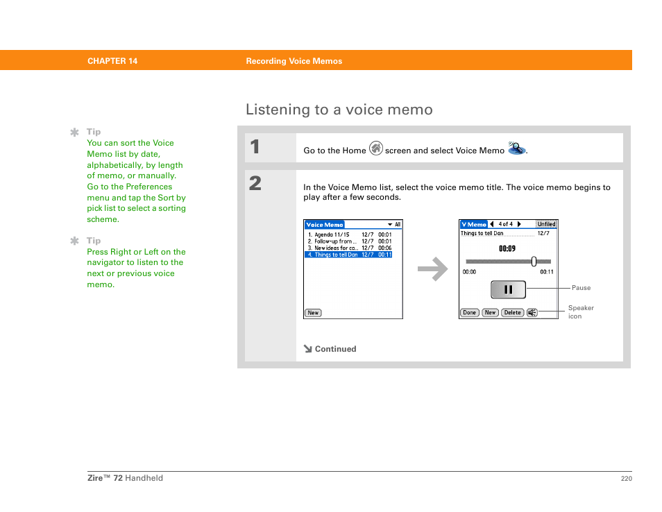 Listening to a voice memo | Palm Zire 72 User Manual | Page 242 / 706